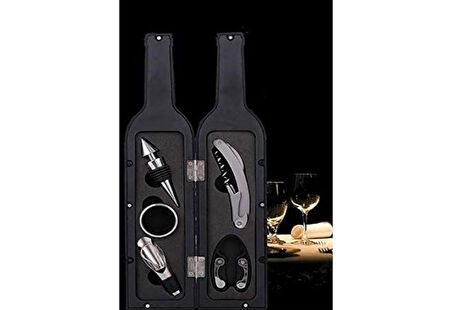 5 Parça Çelik Şişe Açacağı Seti Şarap Şişesi Formatında Kılıf ile Şık Hediye Seti Wine Opener Gift