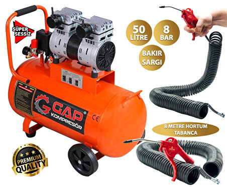 Rowermax Gap 50 Litre Ultra Sessiz Yağsız Sessiz Hava Kompresörü 8 Metre Hortum Tabancalı