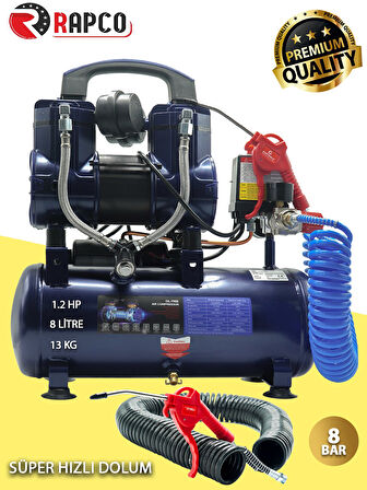 Germany Style Rapco 8 Litre Yağsız Süper Hızlı Dolum Sessiz Hava Kompresörü 8 Metre Hortum Tabanca