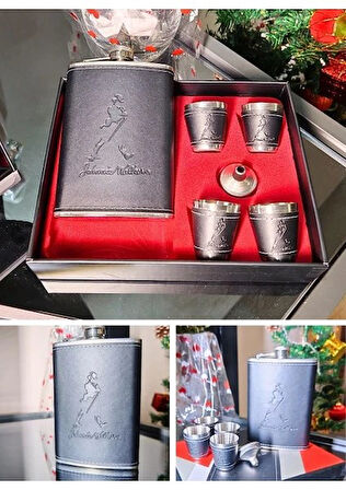 Deri Kaplamalı 4 Shot Bardaklı Ve Hunili J W Çelik Matara Hediye Seti Deri Kaplamalı içki Viski Kony