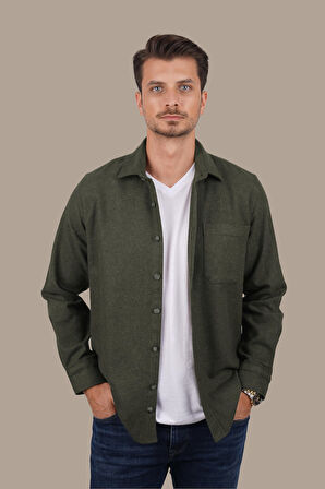 Haki Düz Oversize Oduncu Erkek Gömlek