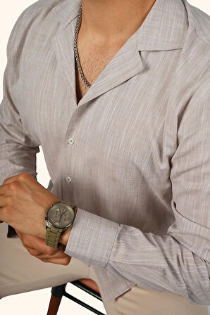 Sütlü Kahve Keten Apaj Yaka Relax Fit Erkek Gömlek