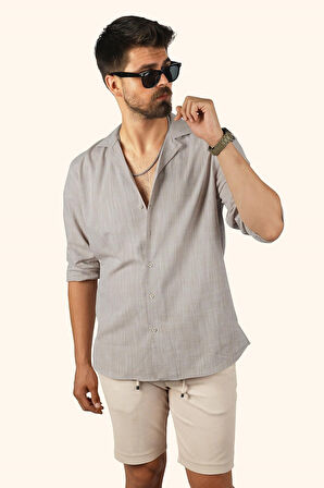 Sütlü Kahve Keten Apaj Yaka Relax Fit Erkek Gömlek