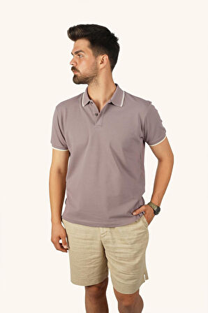 Vizon Bej Yaka Çizgili Erkek Polo Yaka Tişört