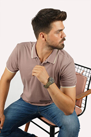 Vizon Bej Yaka Çizgili Erkek Polo Yaka Tişört