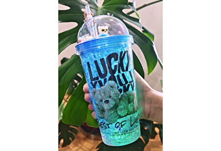 450 ML Çift Katman Mika Led Işıklı Pipetli Buzlu Cam Görünüm Lucky Ayıcık Karakterli Suluk Mavi 2768