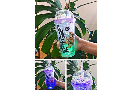 450ML Çift Katman Mika Led Işıklı Buzlu Cam Görünüm Challange Ayıcık Karakter Pipetli Suluk Mor 2768