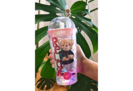 450ML Çift Katman Mika Led Işıklı Buzlu Cam Görünümlü Relax Ayıcık Karakter Pipetli Suluk Pembe 2768