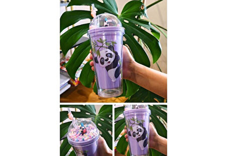 450 ml Suluk Pipetli Matara Pipetli Suluk Karakter Figürlü Sevimli Panda Temalı Çift Katman Mor 2770