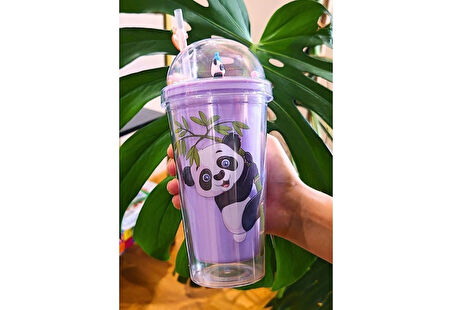450 ml Suluk Pipetli Matara Pipetli Suluk Karakter Figürlü Sevimli Panda Temalı Çift Katman Mor 2770