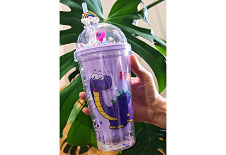 450 ml Suluk Pipetli Matara Pipetli Suluk Karakter Figürlü Sevimli Dino Temalı Çift Katman Mor 2769