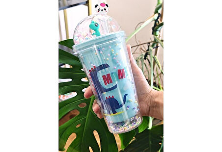 450 ml Suluk Pipetli Matara Pipetli Suluk Karakter Figürlü Sevimli Dino Temalı Çift Katman Mavi 2769
