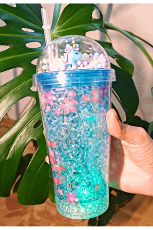 Buzlu Cam Görünüm 450ML Çift Katman Led Işıklı Karakter Figür Atlı Karınca Temalı Pipetli Suluk 2768