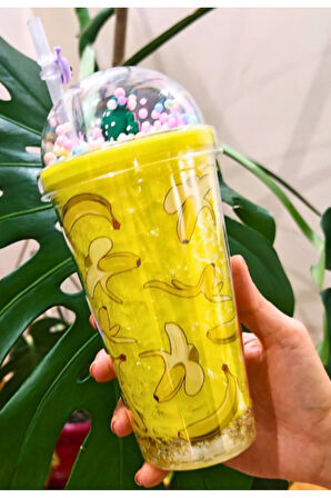 450 ML Çift Katman Suluk Led Işıklı Figürlü Banana Muz Temalı Pipetli Buzlu Cam Görünümlü Suluk 2768