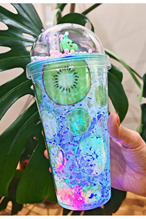 450 ML Çift Katman Mika Suluk Led Işıklı Tropikal Limon Kiwi Pipetli Buzlu Cam Görünümlü Suluk 2768