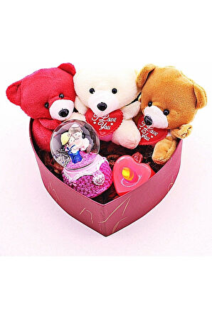 Mini Ayıcıklar ve Aşıklar Kar Küresi Temalı LED Mumlu Hediye Kutusu Konsept Sevgiliye Hediye