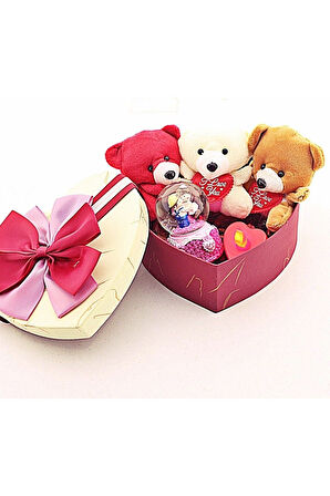 Mini Ayıcıklar ve Aşıklar Kar Küresi Temalı LED Mumlu Hediye Kutusu Konsept Sevgiliye Hediye