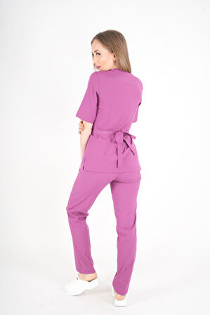 Açık Mor Elegant Model Cerrahi Üniforma Belden Bağlamalı Scrubs Takım