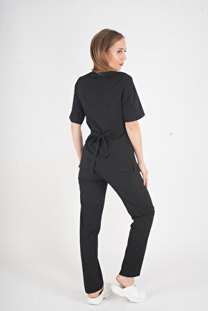 Siyah Elegant Model Cerrahi Üniforma Belden Bağlamalı Scrubs Takım