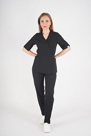 Siyah Elegant Model Cerrahi Üniforma Belden Bağlamalı Scrubs Takım