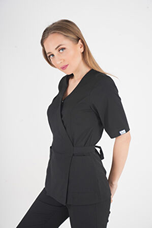 Siyah Elegant Model Cerrahi Üniforma Belden Bağlamalı Scrubs Takım