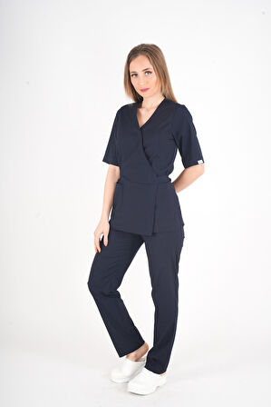 Lacivert Elegant Model Cerrahi Üniforma Belden Bağlamalı Scrubs Takım