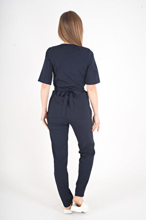Lacivert Elegant Model Cerrahi Üniforma Belden Bağlamalı Scrubs Takım