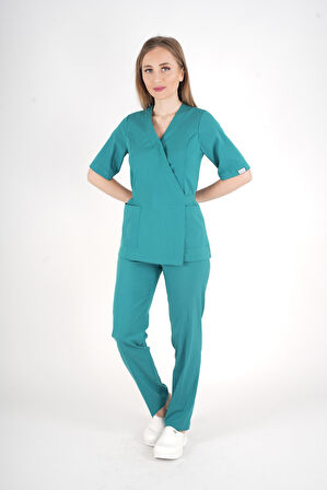 Ameliyat Yeşili Elegant Model Cerrahi Üniforma Belden Bağlamalı Scrubs Takım