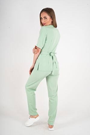 Çağla Yeşili Elegant Model Cerrahi Üniforma Belden Bağlamalı Scrubs Takım