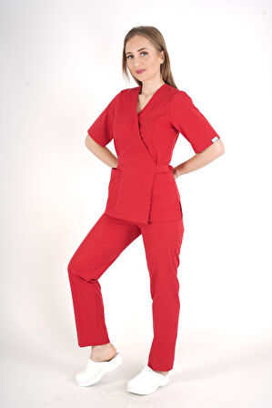 Kırmızı Elegant Model Cerrahi Üniforma Belden Bağlamalı Scrubs Takım