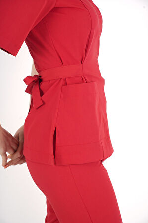 Kırmızı Elegant Model Cerrahi Üniforma Belden Bağlamalı Scrubs Takım