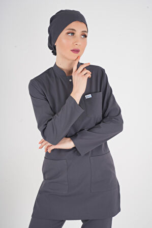 Antrasit Renk Sakura Model Tesettür Doktor Hemşire Scrubs Üniforma Takımı