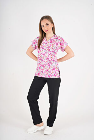 Unisex Pembe Prenses Desenli Likralı Scrubs Hemşire Doktor Hastane Üniforma Takımı