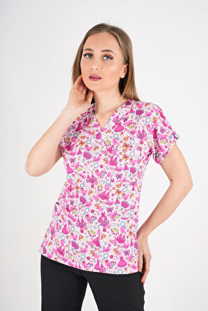 Unisex Pembe Prenses Desenli Likralı Scrubs Hemşire Doktor Hastane Üniforma Takımı