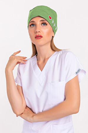 Unisex Fıstık Yeşili Kalp Ritim Nakışlı Doktor Hemşire Hastane Medikal Cerrahi Bonesi