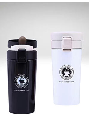 12 Saate Kadar Sıcak Soğuk Tutma Filtreli Çift Katmanlı 2 Adet Siyah Beyaz İnox Mug Termos  380ML