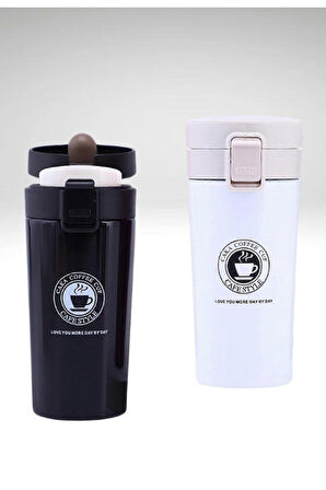 2 Adet Siyah Beyaz İnox Mug Termos 12 Saate Kadar Sıcak Soğuk Tutma Filtreli Çift Katmanlı 380ML