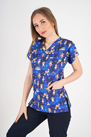 Unisex Stars Club Desenli Doktor Hemşire Hastane Aşçı Mutfak Scrubs Tek Üst Üniforma