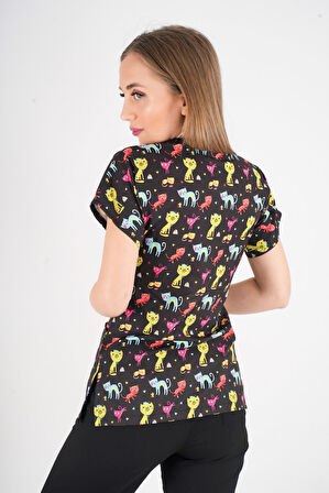 Unisex Cool Cats Club Desenli Doktor Hemşire Hastane Aşçı Mutfak Scrubs Tek Üst Üniforma