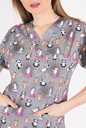 Unisex Pandex Desenli Doktor Hemşire Hastane Aşçı Mutfak Scrubs Tek Üst Üniforma