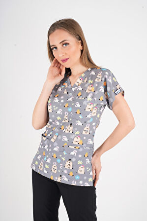 Unisex Snack Time Desenli Doktor Hemşire Hastane Aşçı Mutfak Scrubs Tek Üst Üniforma