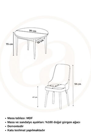 Adel Serisi 90x90 Beyaz MDF Mutfak Masa Takımı 4 Adet Sandalye 