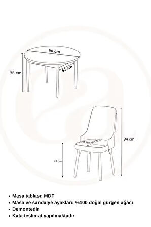 Adel Serisi 90x90 Atlantik Çam MDF Mutfak Masa Takımı 4 Adet Sandalye  