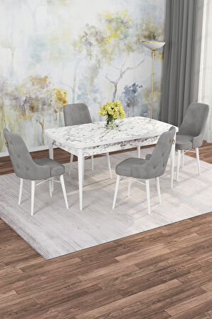 Arven Serisi 80x132 Açılabilir MDF Beyaz Mermer Desen Mutfak Masa Takımı 4 Sandalye