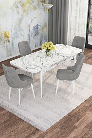 Arven Serisi 80x132 Açılabilir MDF Beyaz Mermer Desen Mutfak Masa Takımı 4 Sandalye