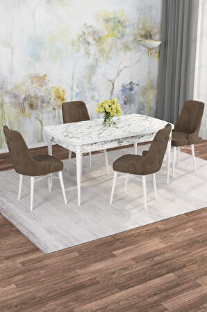 Arven Serisi 80x132 Açılabilir MDF Beyaz Mermer Desen Mutfak Masa Takımı 4 Sandalye