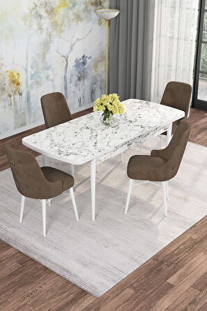 Arven Serisi 80x132 Açılabilir MDF Beyaz Mermer Desen Mutfak Masa Takımı 4 Sandalye