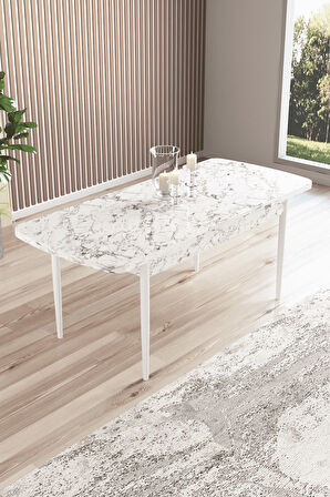 Arven Serisi 80x132 Açılabilir MDF Beyaz Mermer Desen Mutfak Masa Takımı 4 Sandalye