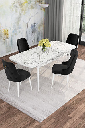 Arven Serisi 80x132 Açılabilir MDF Beyaz Mermer Desen Mutfak Masa Takımı 4 Sandalye