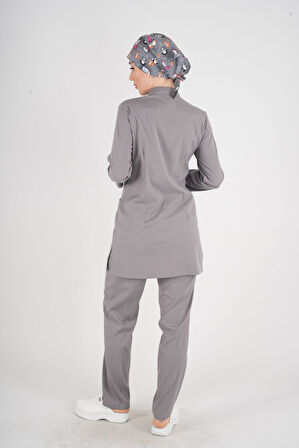 Gri Renk Sakura Model Tesettür Doktor Hemşire Scrubs Üniforma Takımı